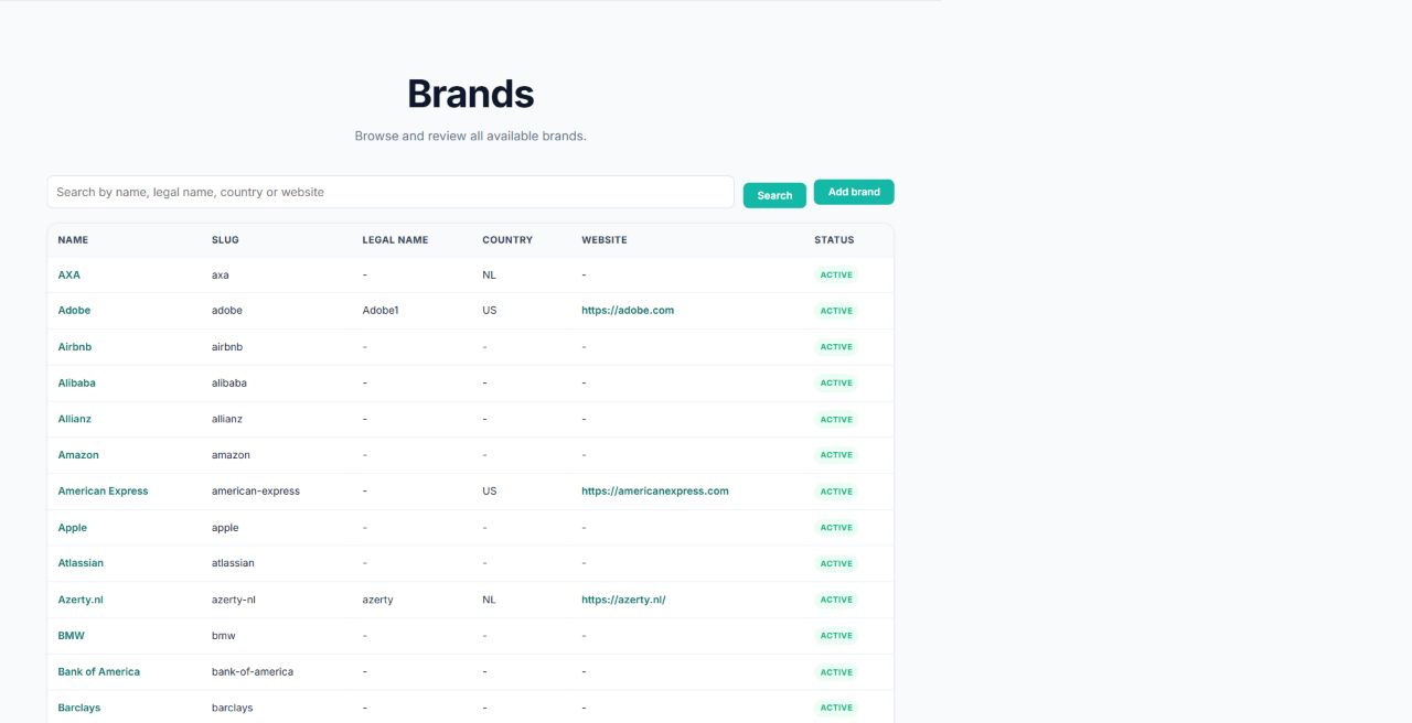 ClauseWatcher brands list with search, sorting columns, and add brand action