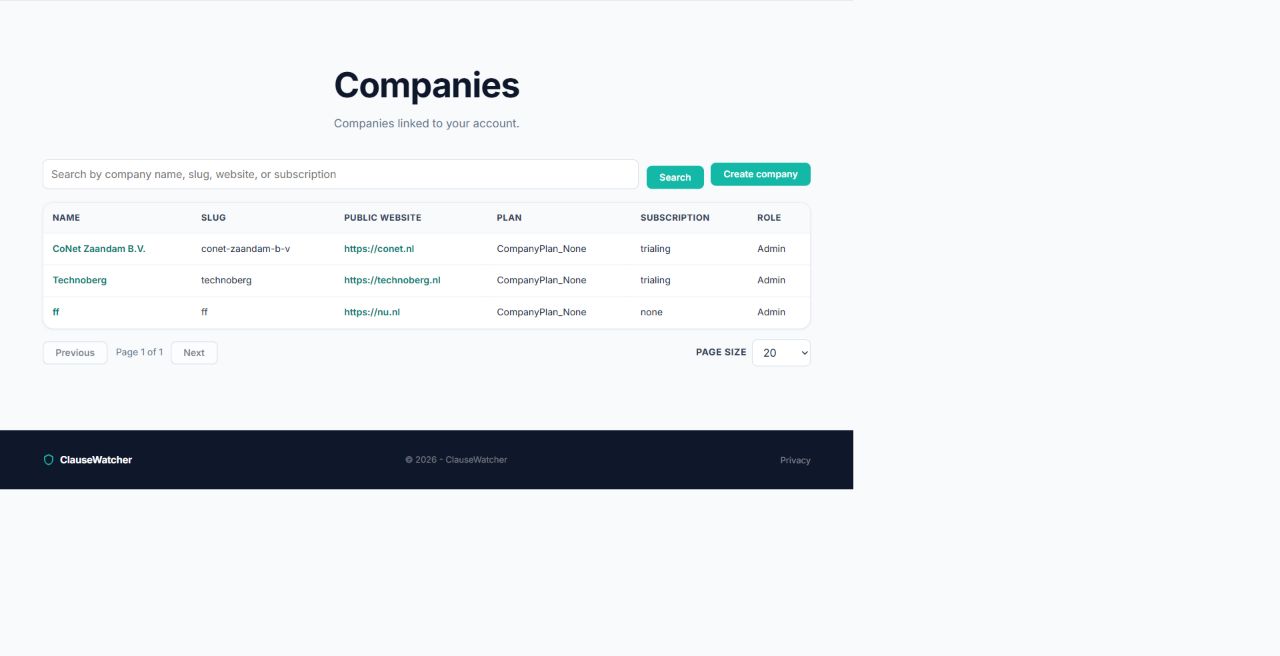 ClauseWatcher companies list with plan, subscription status, and role columns