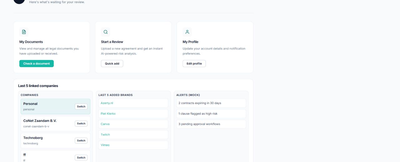 ClauseWatcher dashboard cards and linked companies